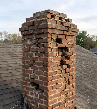 Before: crumbling chimney with bricks missing and mortar washed out